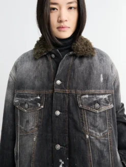 Denim Jakke med Faux Fur Krave i Sort