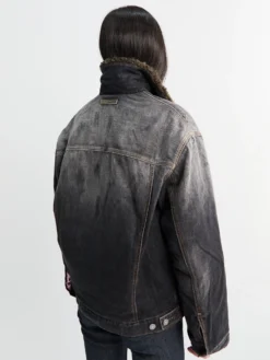Denim Jakke med Faux Fur Krave i Sort