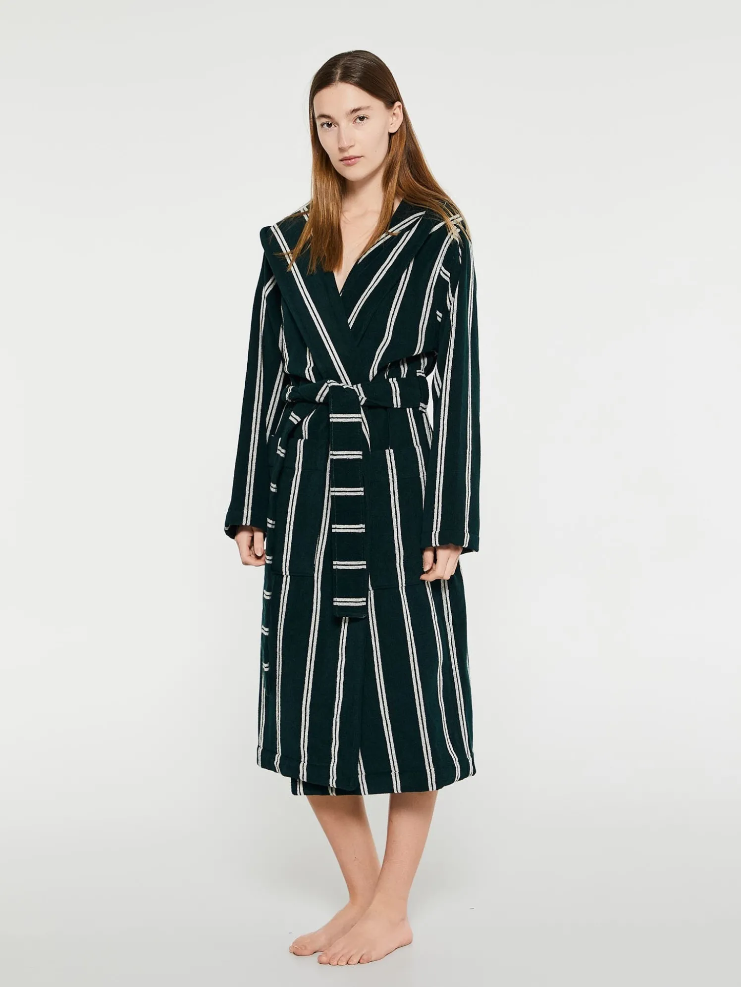 Hooded Badekåbe i Forest Green Stripes