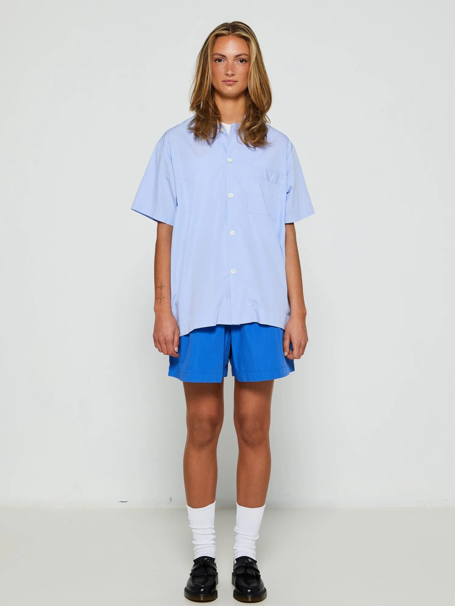 Poplin Pyjamas Kortærmet Skjorte i Shirt Blue