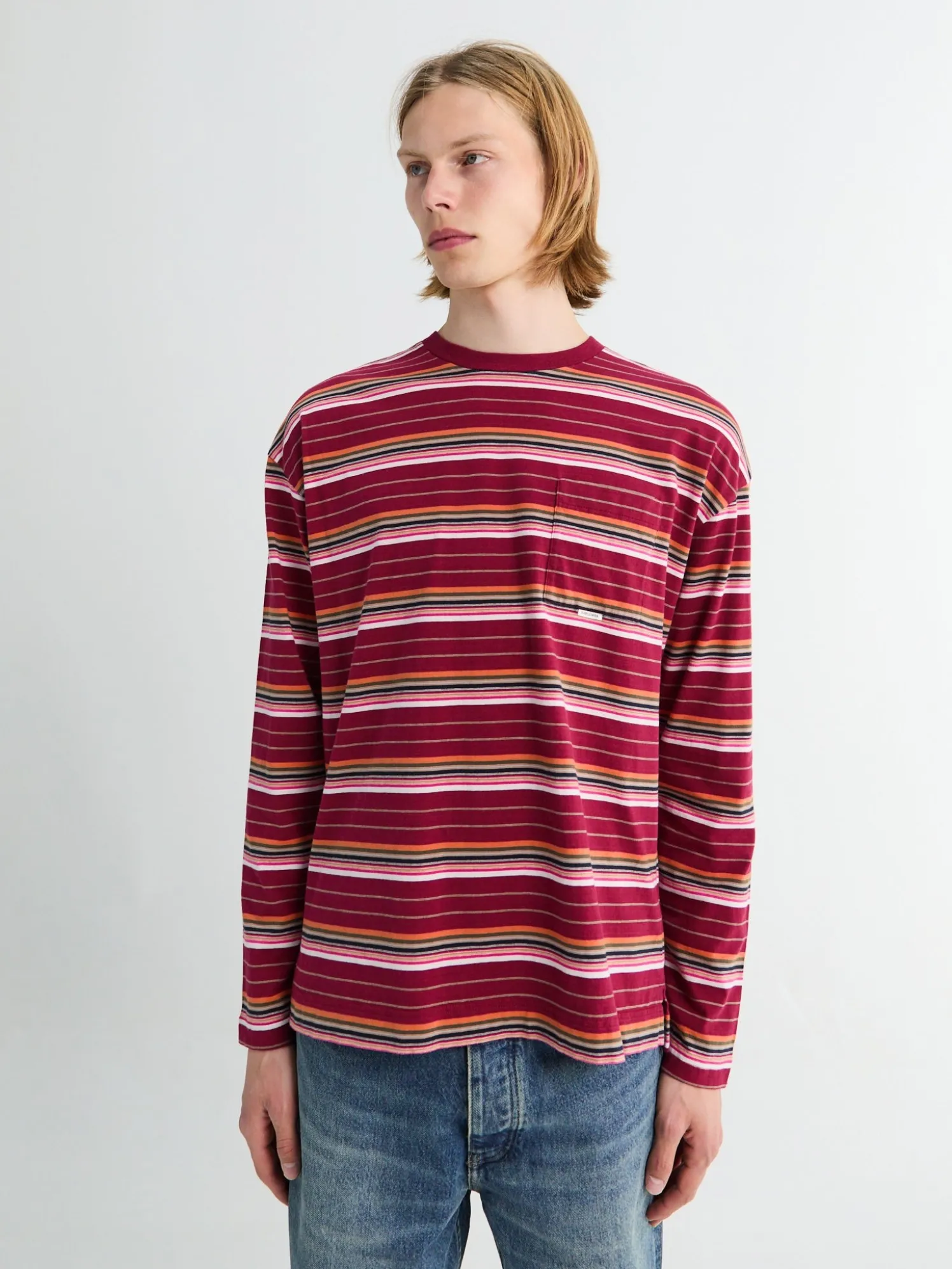 Stribet Langærmet Lomme T-shirt i Bordeaux
