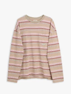 Stribet Langærmet Lomme T-shirt i Beige