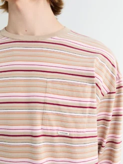 Stribet Langærmet Lomme T-shirt i Beige