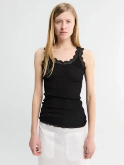Tank Top Bomulds Lisle Rib Med Leavers i Sort