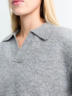 Unisex Open Collared Kashmir Sweater i Melange Grå