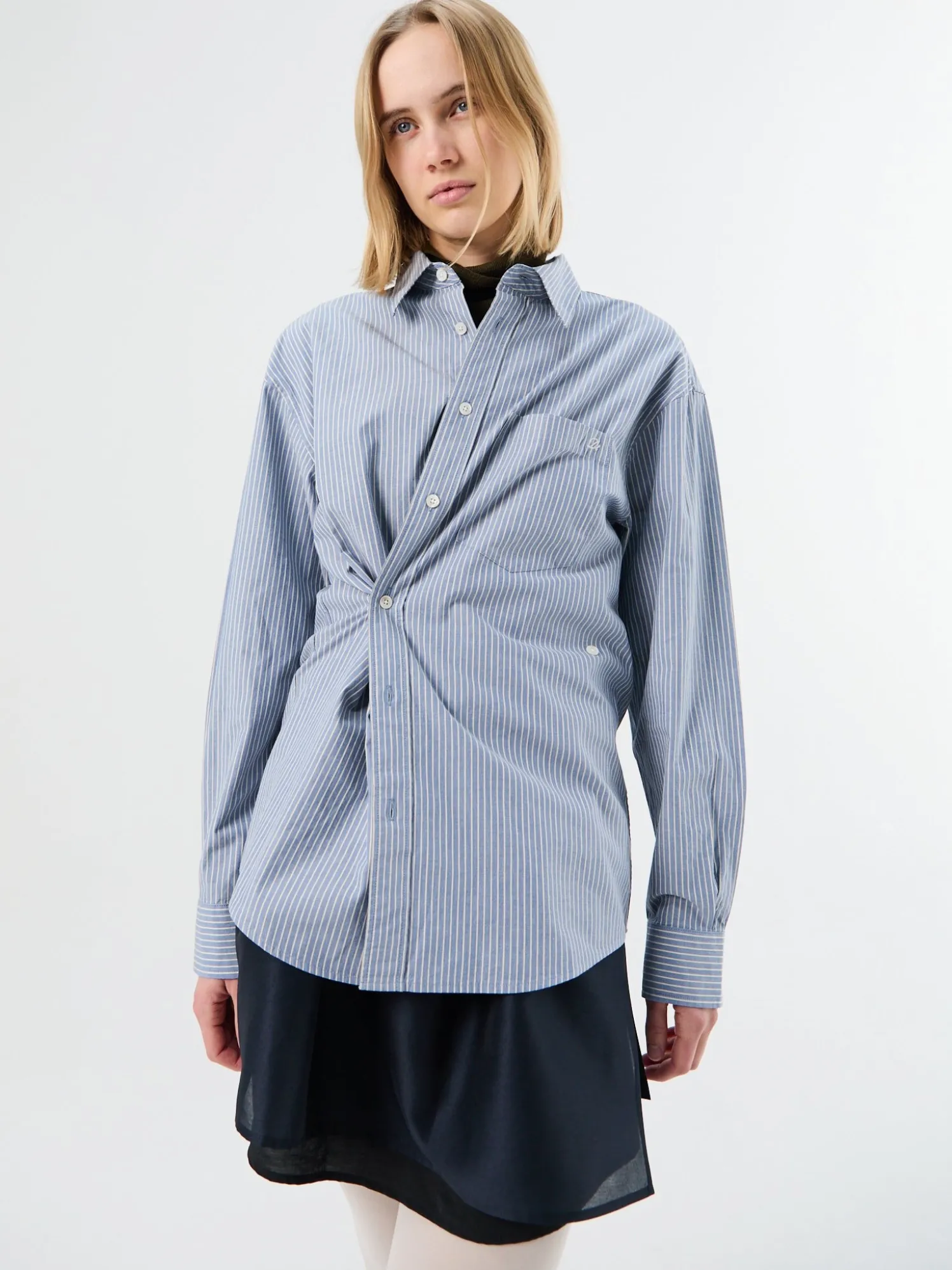 Unisex 2-Way Oversized Striped Skjorte i Blue Stripe