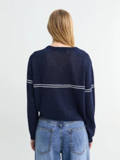 V-hals Stribet Sweater i Navy Strib